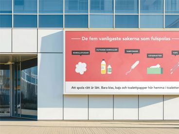 Utomhusreklam om vad som inte får spolas ner i toaletten.