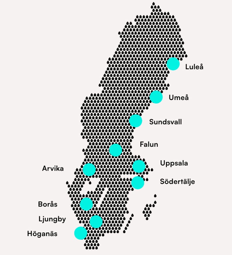 Sverigekarta med markerade värdorter